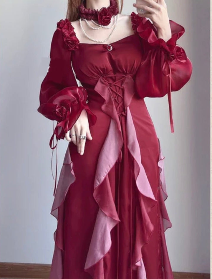 RED GOTHIC LOLITA DRESS - OFF SHOULDER VELVET FLORAL LOLITA DRESS - PLUS SIZE - WonderlandByLilian