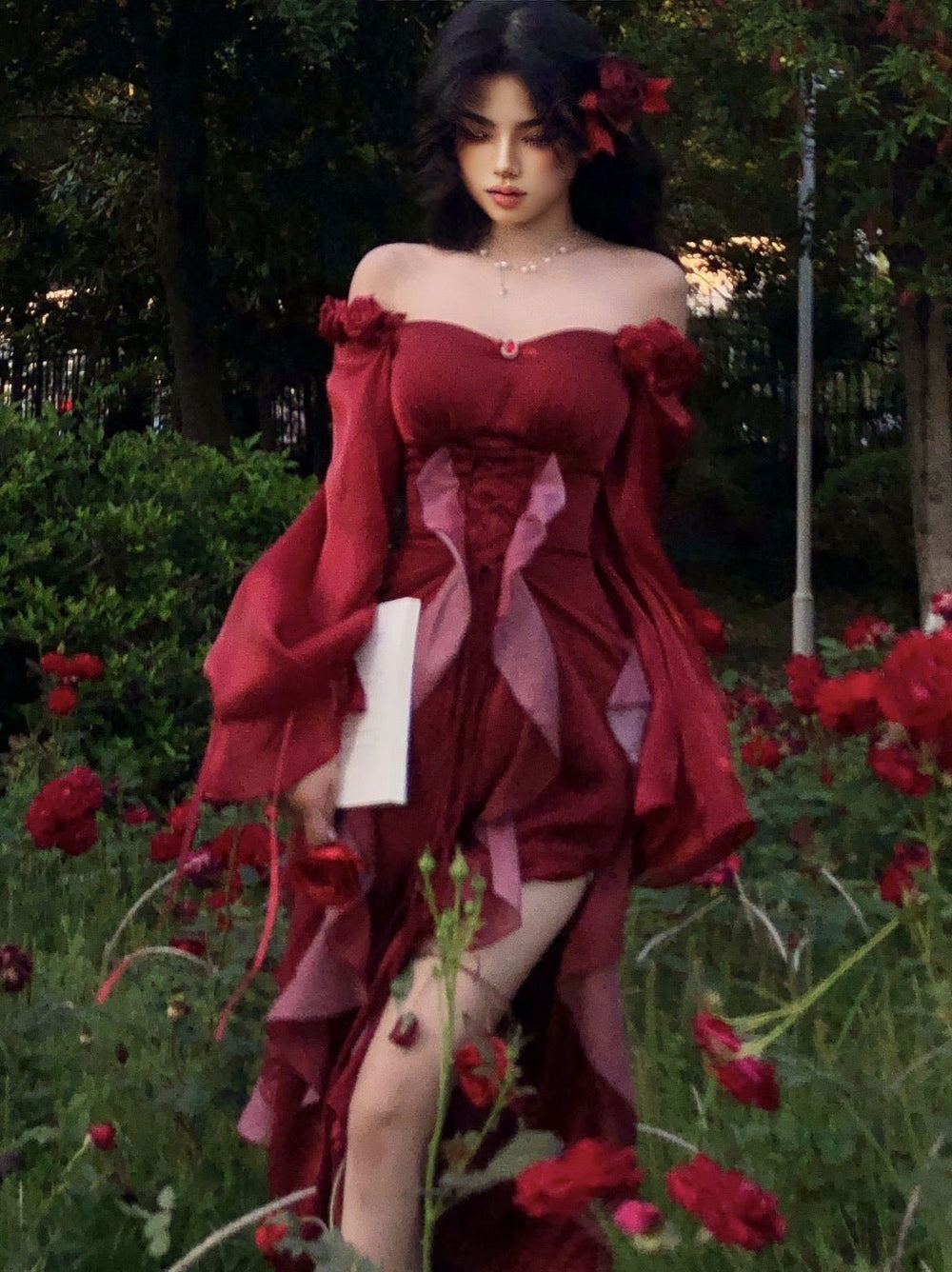 RED GOTHIC LOLITA DRESS - OFF SHOULDER VELVET FLORAL LOLITA DRESS - PLUS SIZE - WonderlandByLilian