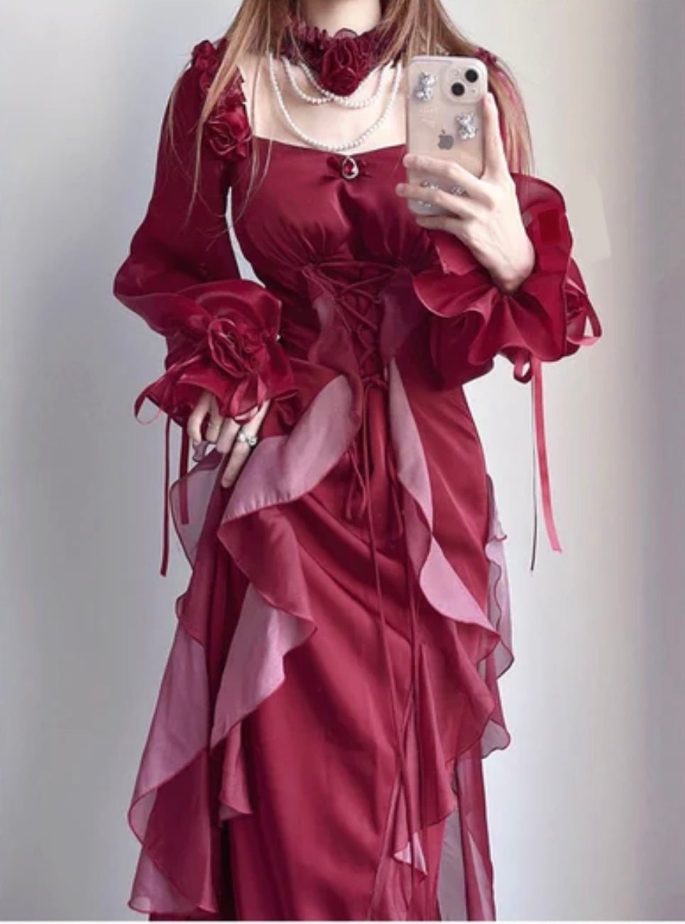 RED GOTHIC LOLITA DRESS - OFF SHOULDER VELVET FLORAL LOLITA DRESS - PLUS SIZE - WonderlandByLilian