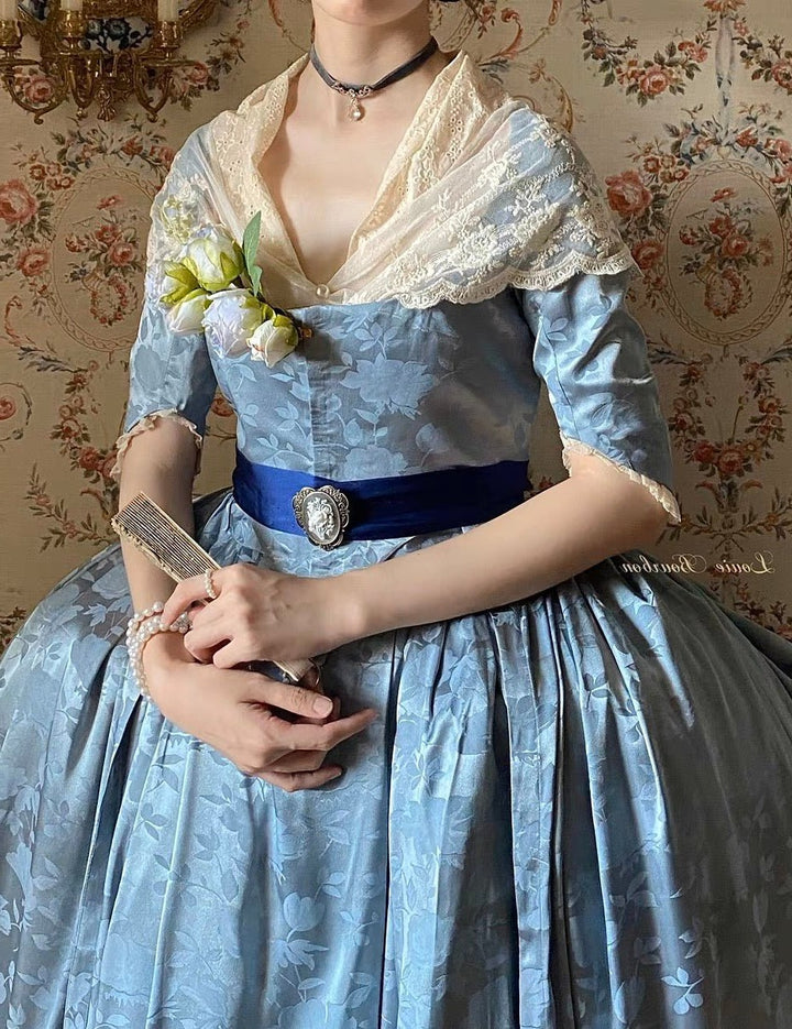 REGENCY ERA BLUE JACQUARD CORSET DRESS WITH LACE LONG SLEEVE - 1800S REGENCY BALL GOWN- PLUS SIZE - WonderlandByLilian