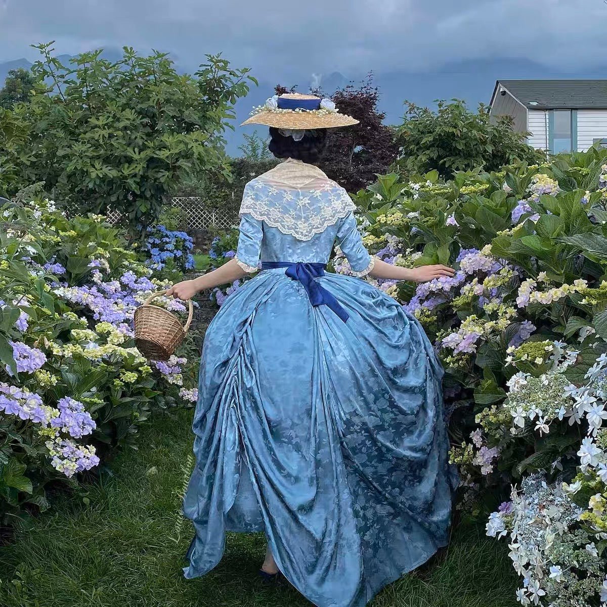 REGENCY ERA BLUE JACQUARD CORSET DRESS WITH LACE LONG SLEEVE - 1800S REGENCY BALL GOWN- PLUS SIZE - WonderlandByLilian