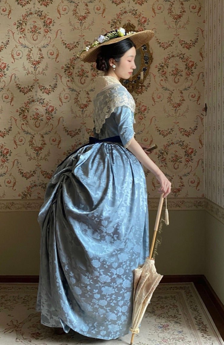 REGENCY ERA BLUE JACQUARD CORSET DRESS WITH LACE LONG SLEEVE