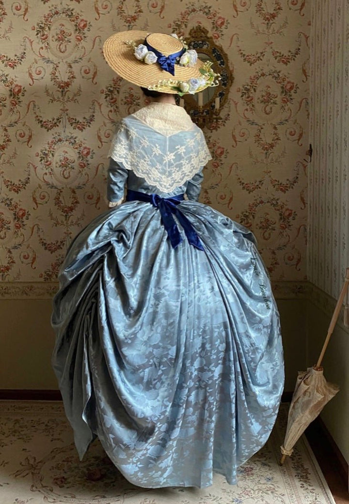 REGENCY ERA BLUE JACQUARD CORSET DRESS WITH LACE LONG SLEEVE - 1800S REGENCY BALL GOWN- PLUS SIZE - WonderlandByLilian
