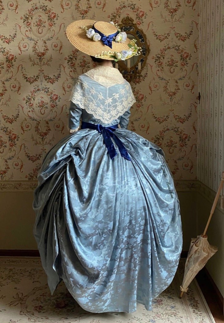 REGENCY ERA BLUE JACQUARD CORSET DRESS WITH LACE LONG SLEEVE - 1800S REGENCY BALL GOWN- PLUS SIZE - WonderlandByLilian