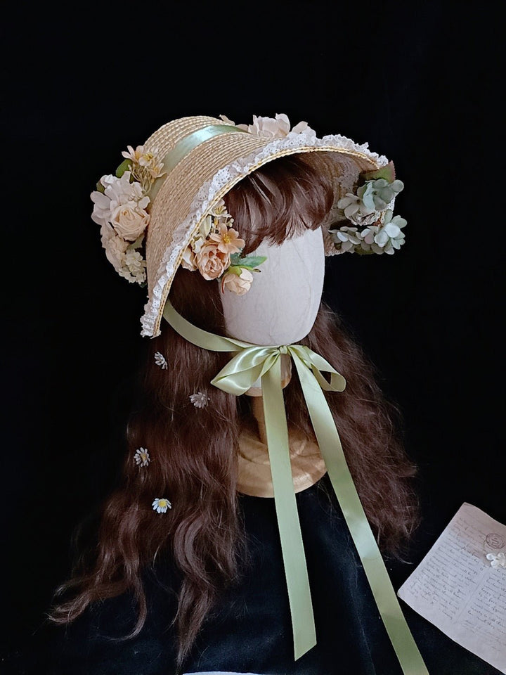 Regency Era Bonnet Lolita Style Hat With Foral - WonderlandByLilian