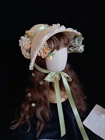 Regency Era Bonnet Lolita Style Hat With Foral - WonderlandByLilian