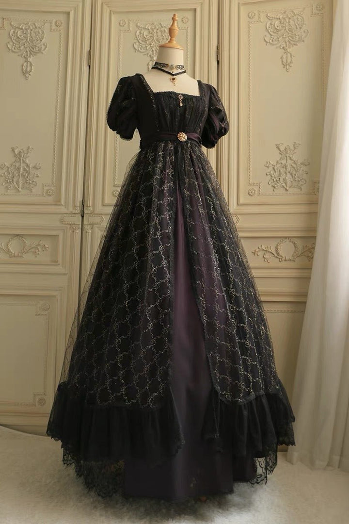 Regency Era Dark Purple Black Lace Ball Gown Gothic- Bridgerton Regency Dress - Plus Size - WonderlandByLilian