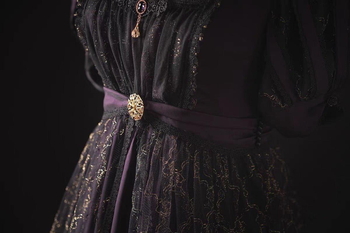 Regency Era Dark Purple Black Lace Ball Gown Gothic- Bridgerton Regency Dress - Plus Size - WonderlandByLilian