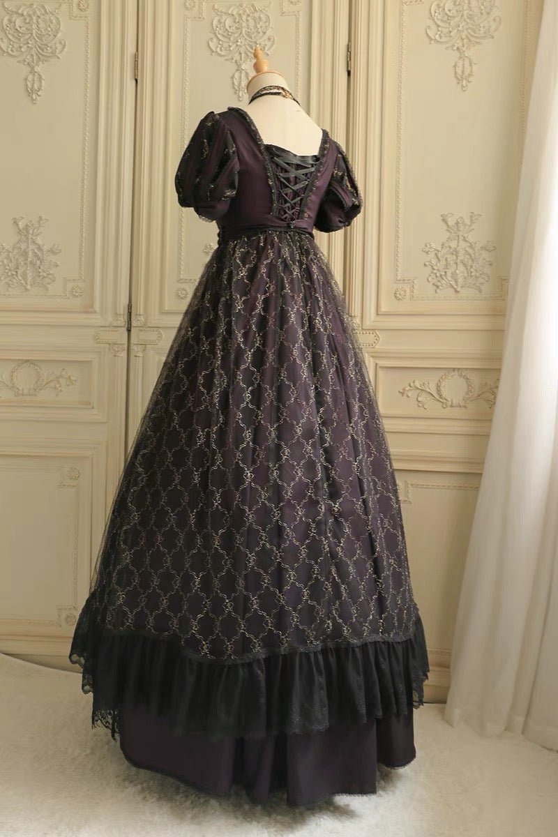 Regency Era Dark Purple Black Lace Ball Gown Gothic- Bridgerton Regency Dress - Plus Size - WonderlandByLilian