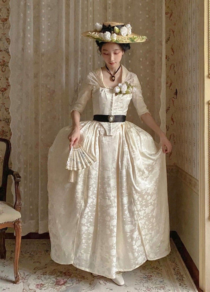REGENCY ERA IVORY JACQUARD CORSET DRESS WITH LACE LONG SLEEVE - 1800S REGENCY BALL GOWN- PLUS SIZE - WonderlandByLilian