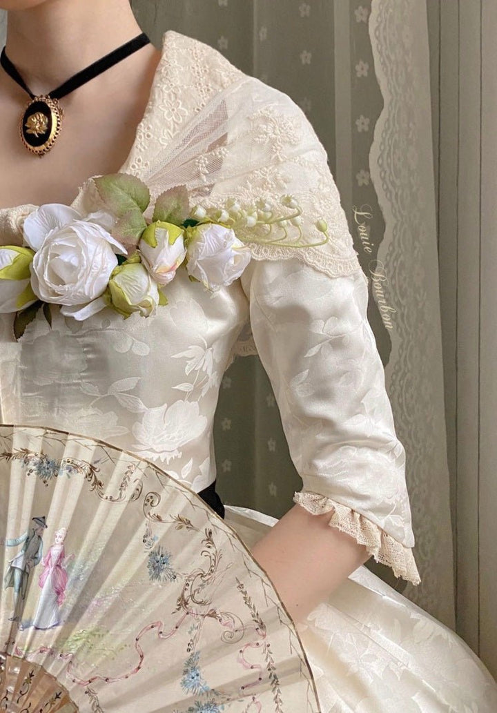 REGENCY ERA IVORY JACQUARD CORSET DRESS WITH LACE LONG SLEEVE - 1800S REGENCY BALL GOWN- PLUS SIZE - WonderlandByLilian