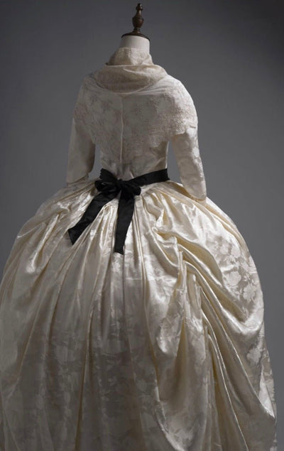 REGENCY ERA IVORY JACQUARD CORSET DRESS WITH LACE LONG SLEEVE - 1800S REGENCY BALL GOWN- PLUS SIZE - WonderlandByLilian