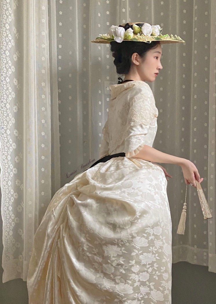 REGENCY ERA IVORY JACQUARD CORSET DRESS WITH LACE LONG SLEEVE - 1800S REGENCY BALL GOWN- PLUS SIZE - WonderlandByLilian