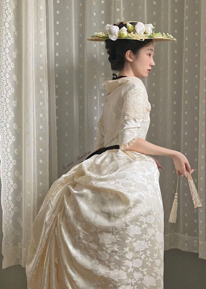 REGENCY ERA IVORY JACQUARD CORSET DRESS WITH LACE LONG SLEEVE - 1800S REGENCY BALL GOWN- PLUS SIZE - WonderlandByLilian