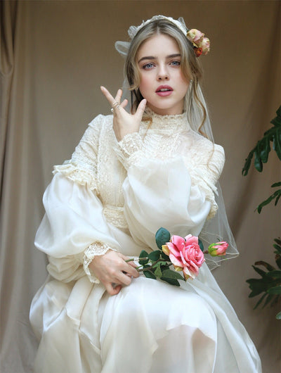 REGENCY ERA IVORY SATIN WEDDING - ANTIQUE LACE WEDDING DRESS WITH PUFF SLEEVE - LONG SLEEVE PLUS SIZE - WonderlandByLilian