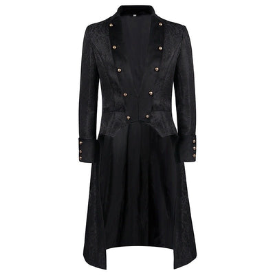 Regency Era Men's Black Tailcoat With Buttons Jacquard - Vintage Gothic Velvet Patchwork Mid-Length Coat -Plus Size - WonderlandByLilian