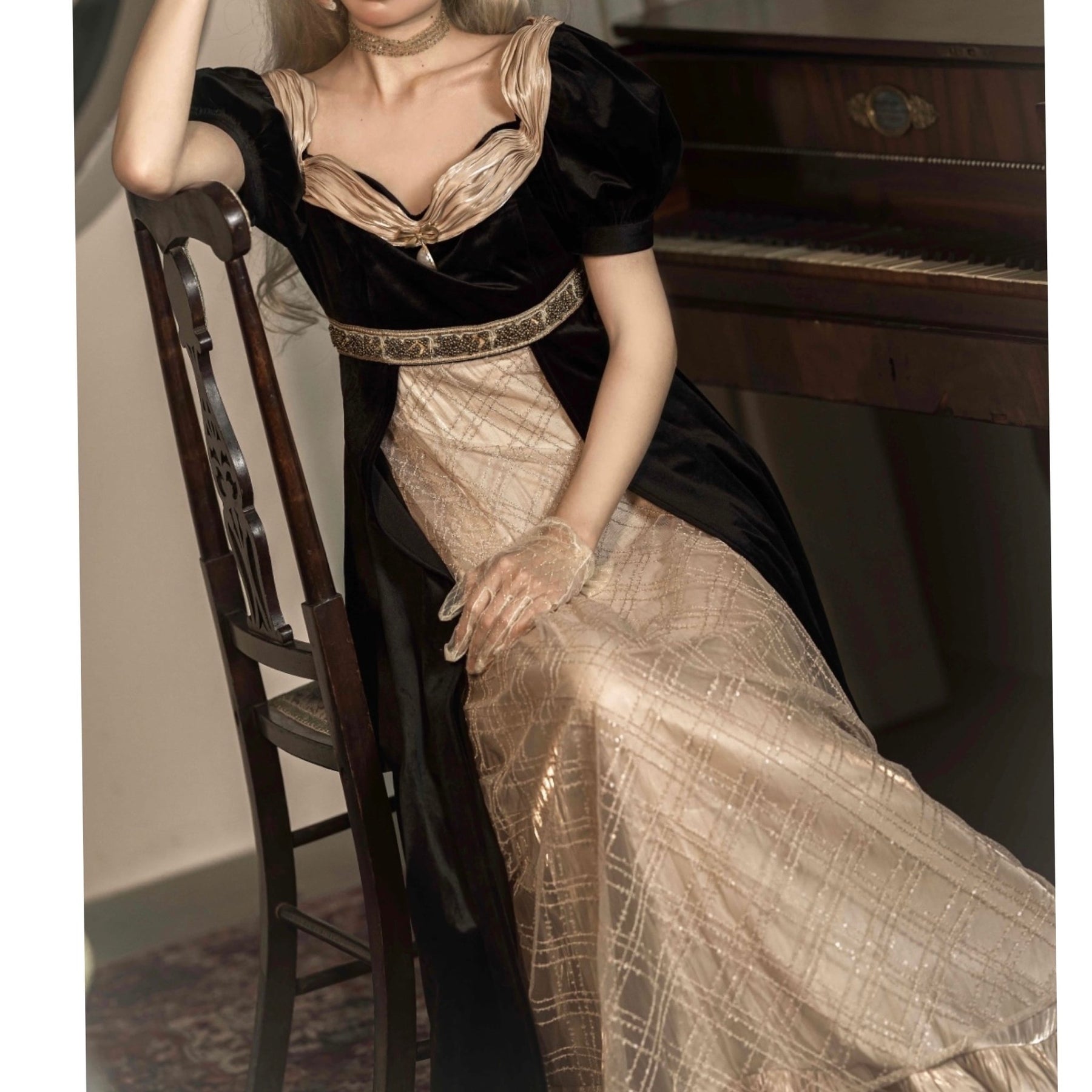 Bridgerton Inspired Regency Era Black Velvet Ball Gown
