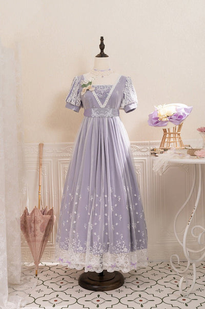 Regency Era Purple Lace Dress Embroidered Empire Waist Ball Gown Plus Size - WonderlandByLilian