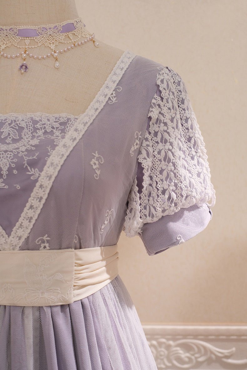 Regency Era Purple Lace Dress Embroidered Empire Waist Ball Gown Plus Size - WonderlandByLilian