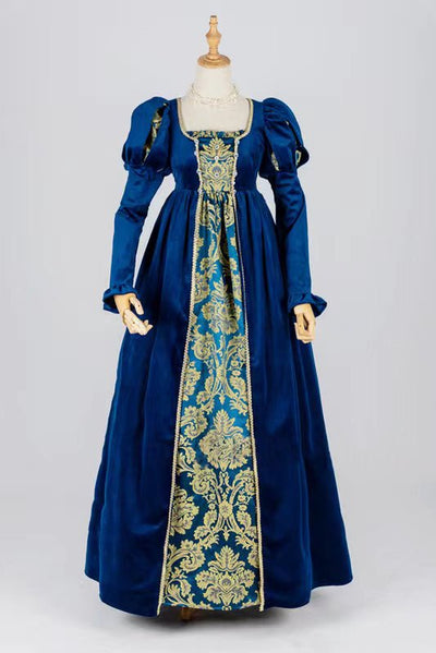 Regency Era Queen Dress - Renaissance Sapphire Velvet Jacquard Ball Gown Costume - Plus Size - WonderlandByLilian