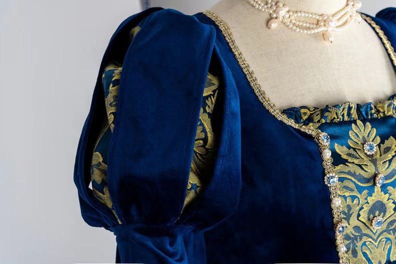 Regency Era Queen Dress - Renaissance Sapphire Velvet Jacquard Ball Gown Costume - Plus Size - WonderlandByLilian