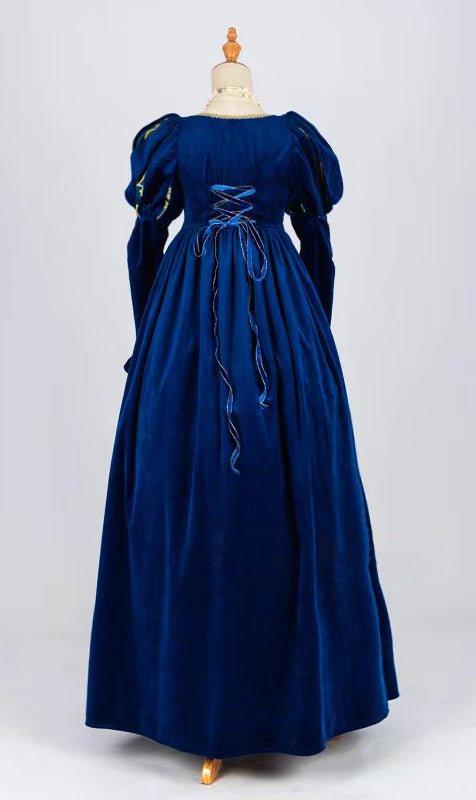 Regency Era Queen Dress - Renaissance Sapphire Velvet Jacquard Ball Gown Costume - Plus Size - WonderlandByLilian