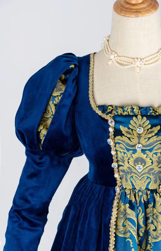 adult queen renaissance fair dress Regency Era Queen Dress - Renaissance Sapphire Velvet Jacquard Ball Gown Costume
