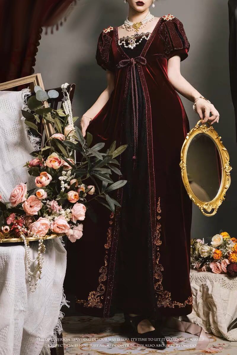 REGENCY GOTHIC BURGUNDY VELVET BALL GOWN - BRIDGERTON DRESS PLUS SIZE - REGENCY DAY DRESS - WonderlandByLilian