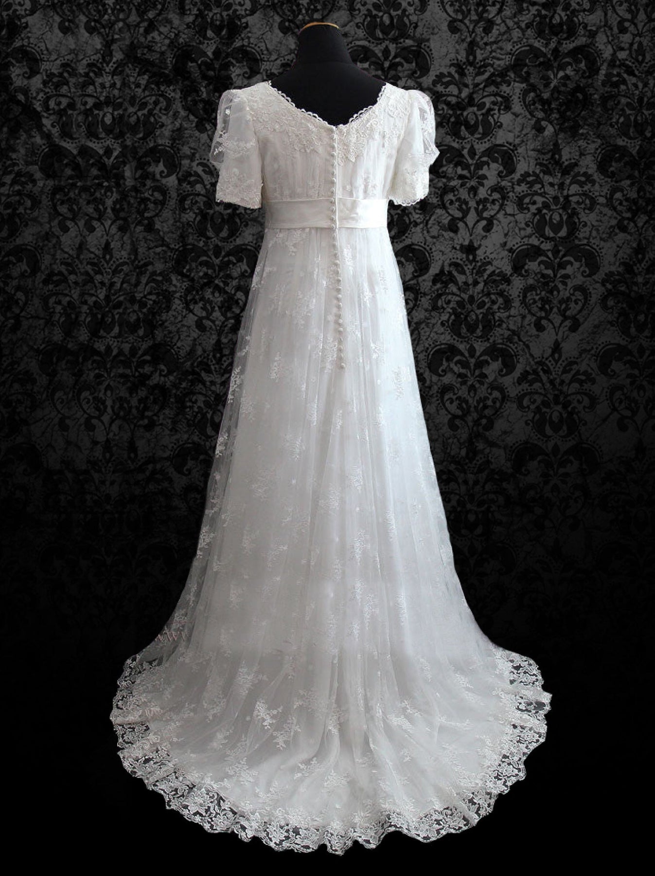 Short cap sleeve empire waist wedding gown for plus size brides