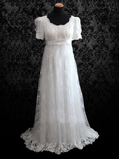 Regency Style Lace Wedding Dress With Empire Waist - WonderlandByLilian