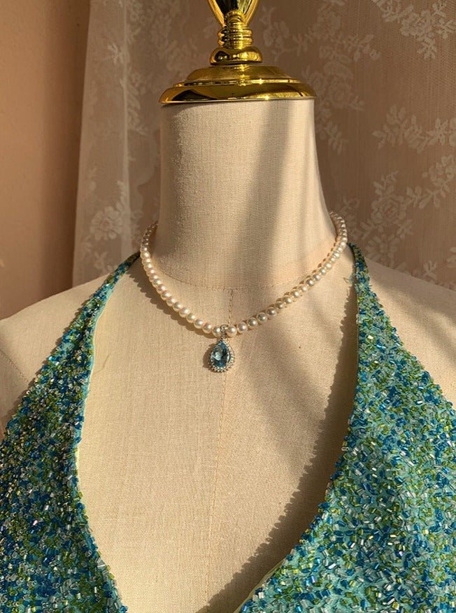 Regency Style Pearl Necklace With Topaz Stone Pendant - Princess Elsa - WonderlandByLilian