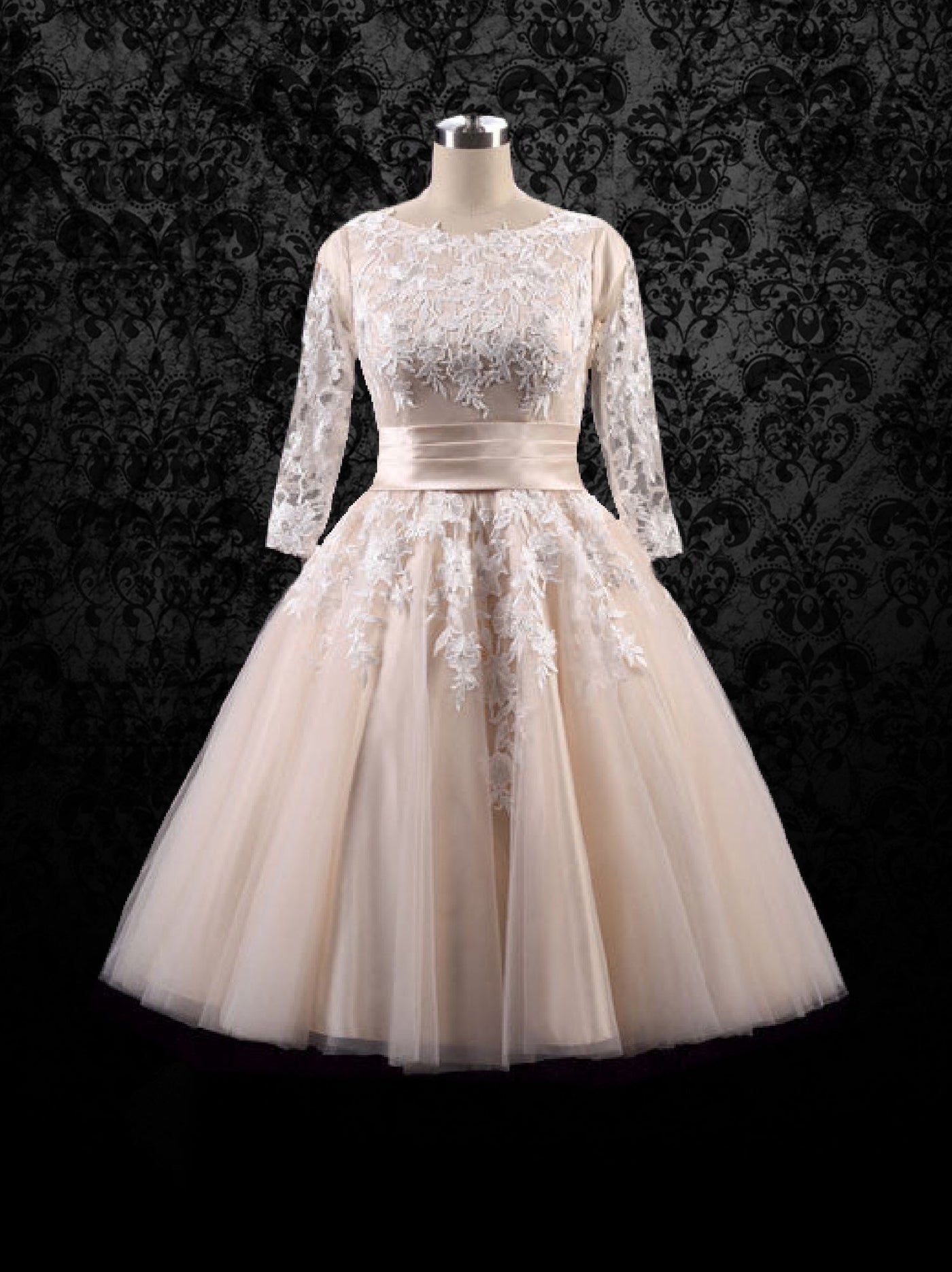Retro 50s Modest Tea Length Lace Wedding Dress - WonderlandByLilian