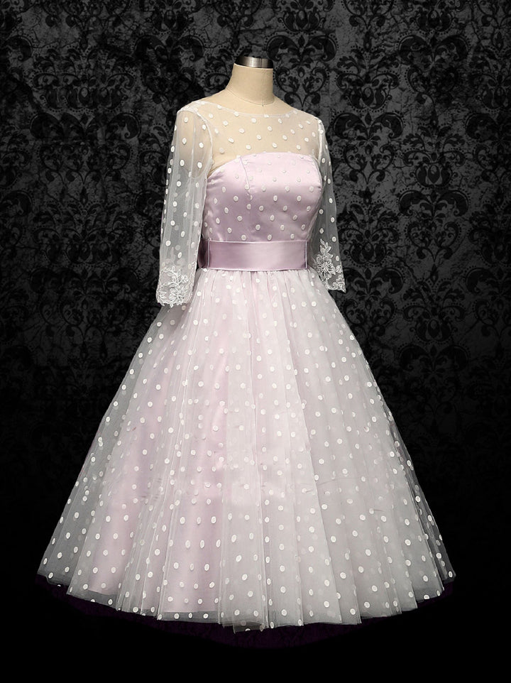 Retro Short Purple Polka Dot Wedding Dress - WonderlandByLilian