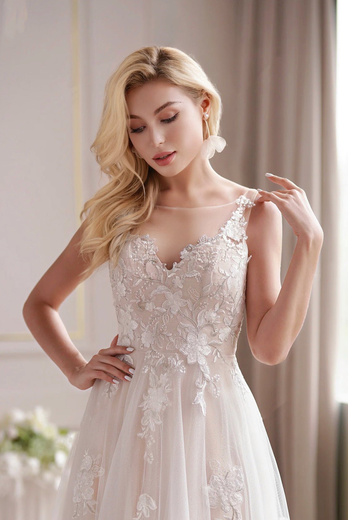 Romantic Beaded Lace Illusion Back A Line Sleeveless Embroidery