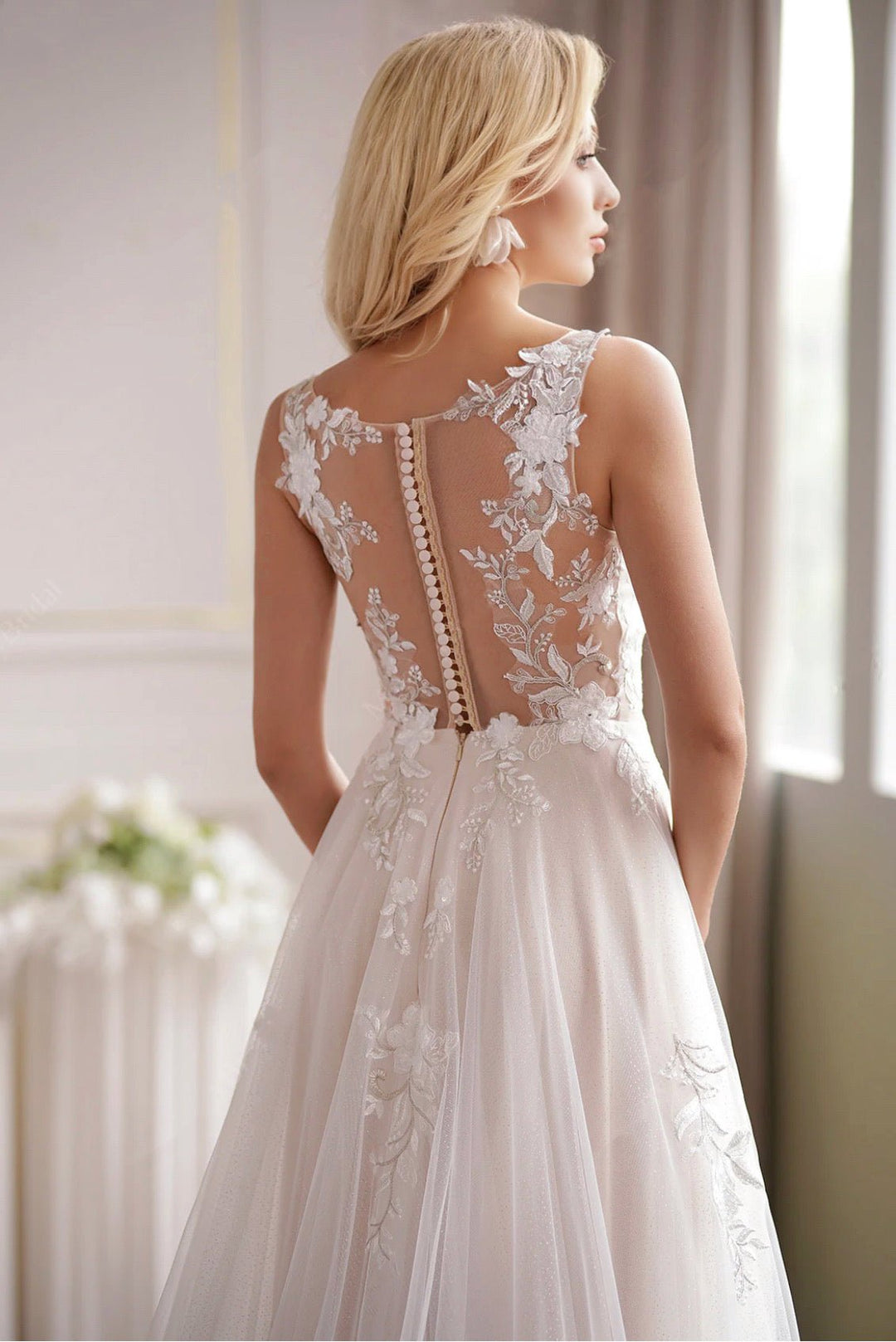 Romantic Beaded Lace Illusion Back A Line Sleeveless Embroidery Bridal Gown - Plus Size - WonderlandByLilian