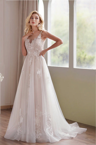 Romantic Beaded Lace Illusion Back A Line Sleeveless Embroidery Bridal Gown - Plus Size - WonderlandByLilian