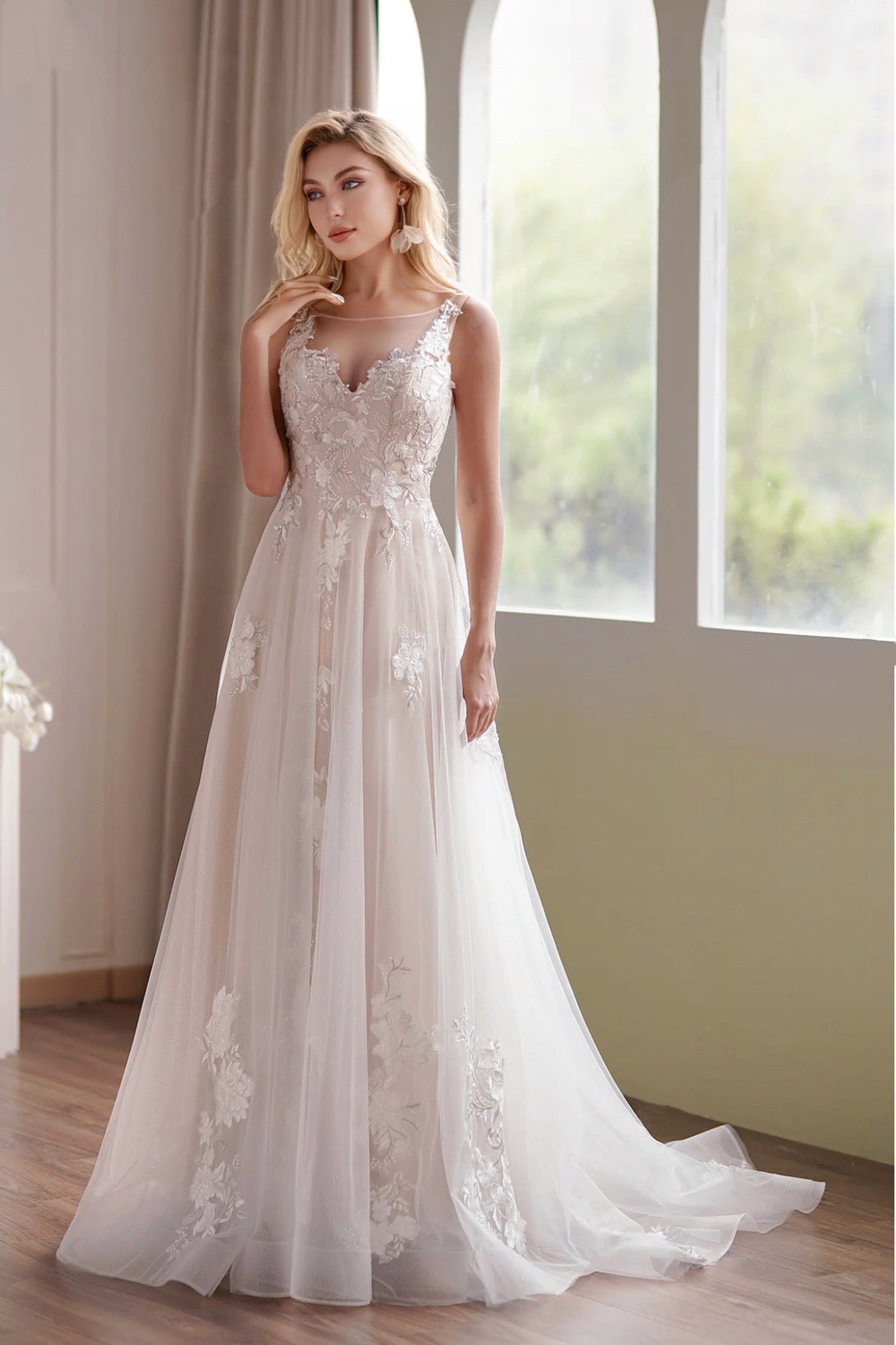 Romantic Beaded Lace Illusion Back A Line Sleeveless Embroidery