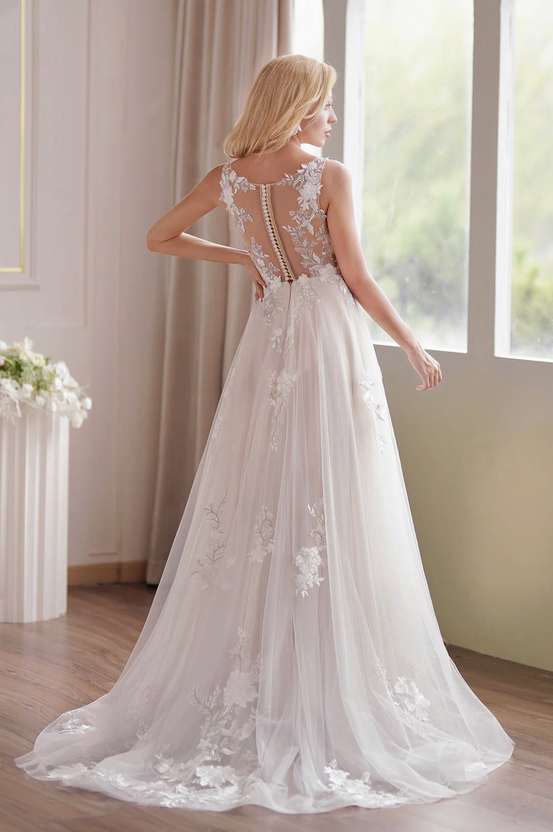Romantic Beaded Lace Illusion Back A Line Sleeveless Embroidery