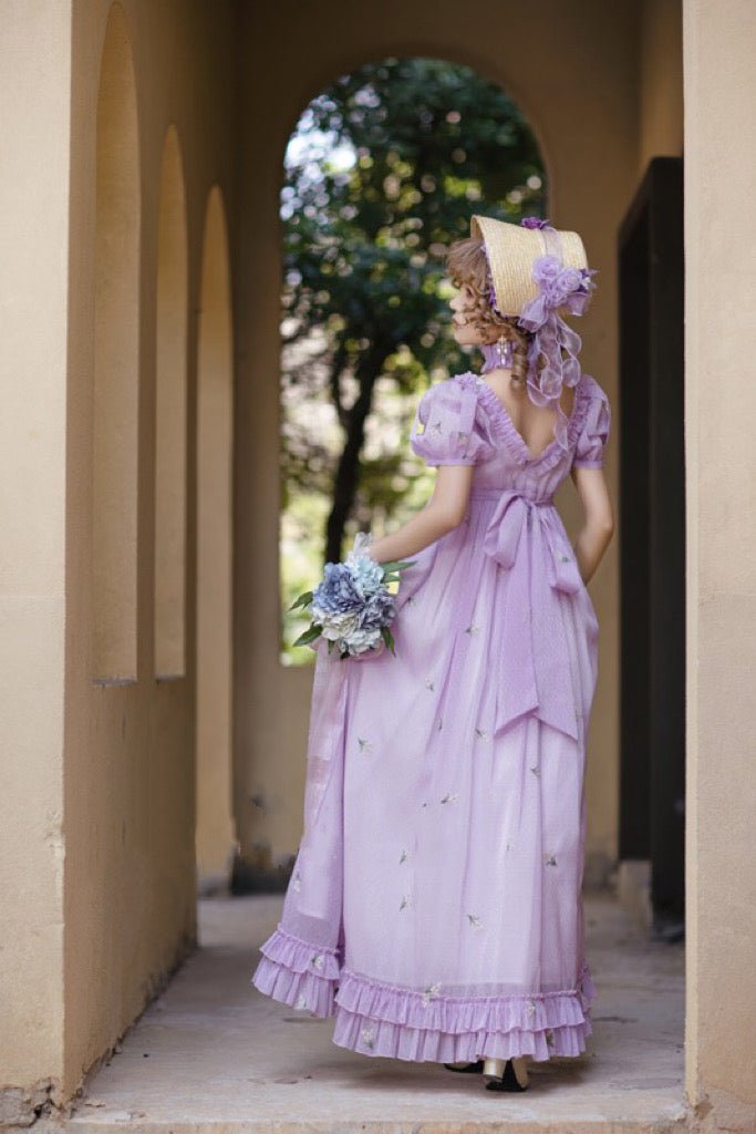 Romantic Lavender Purple Regency Era Embroidered Dress With Ruffle
