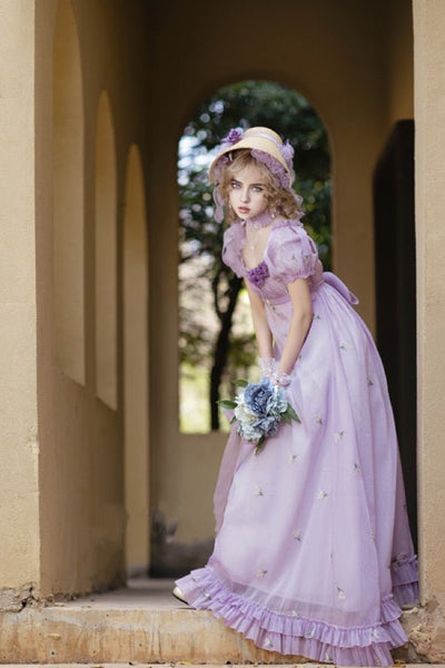 Romantic Lavender Purple Regency Era Embroidered Dress With Ruffle - Empire Waist Dress Plus Size - WonderlandByLilian