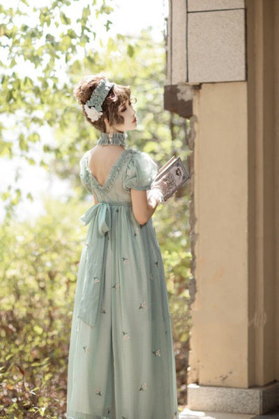 Romantic Mint Green Regency Era Embroidered Dress With Ruffle - Empire Waist Dress Plus Size - WonderlandByLilian