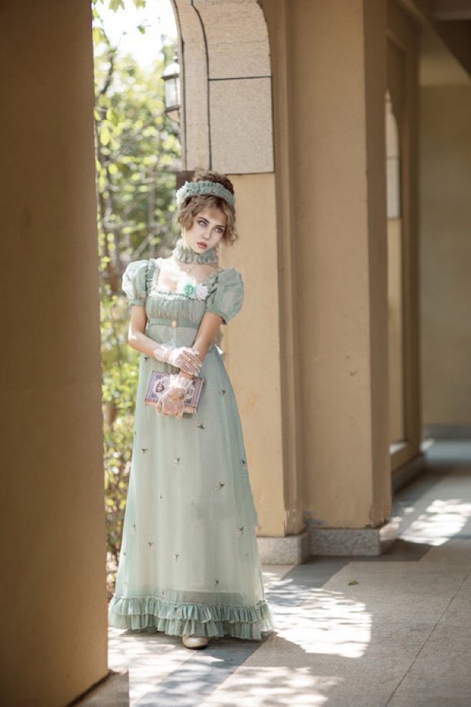 Romantic Mint Green Regency Era Embroidered Dress With Ruffle - Empire Waist Dress Plus Size - WonderlandByLilian