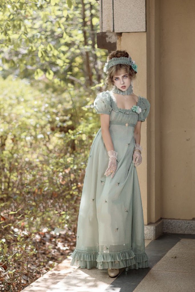 Romantic Mint Green Regency Era Embroidered Dress With Ruffle - Empire Waist Dress Plus Size - WonderlandByLilian