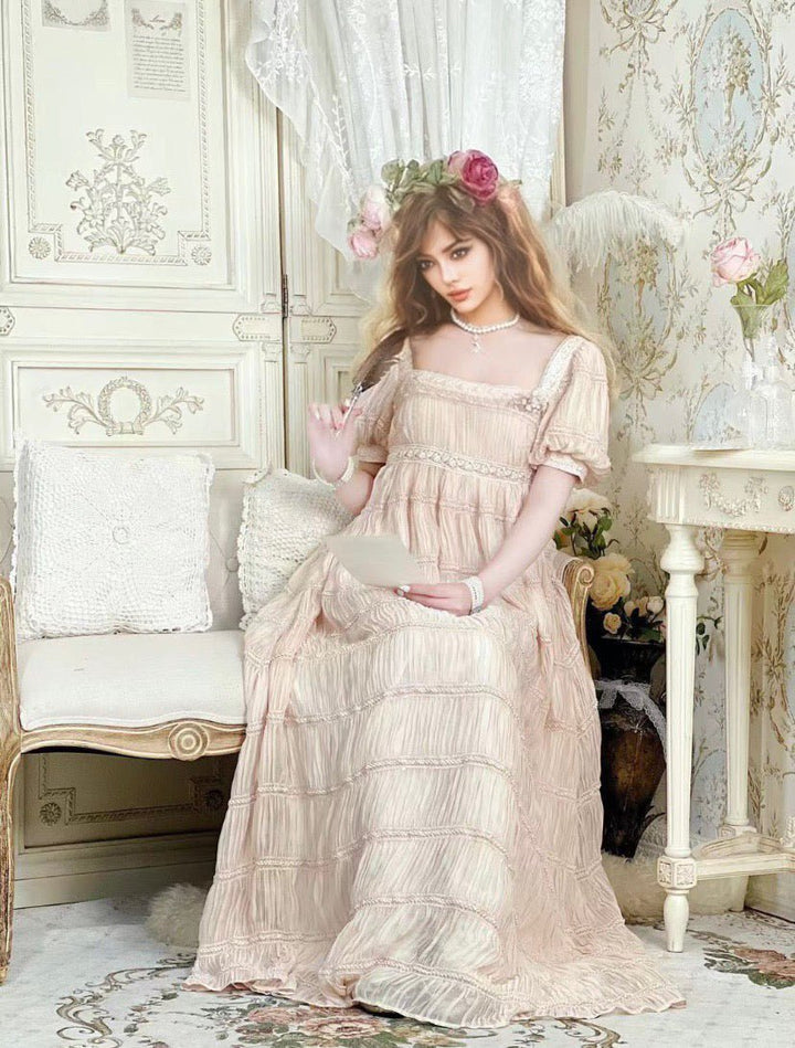 Romantic Regency Era Sandy Beige Lace Dress - Empire Waist Ball Gown Plus Size - WonderlandByLilian