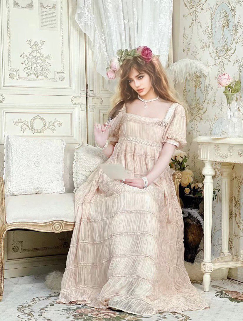 Romantic Regency Era Sandy Beige Lace Dress - Empire Waist Ball Gown Plus Size - WonderlandByLilian
