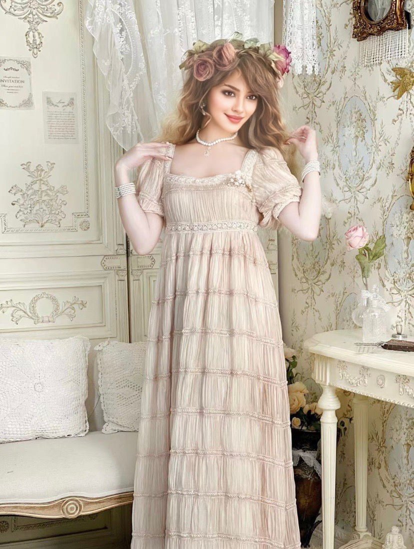 Romantic Regency Era Sandy Beige Lace Dress - Empire Waist Ball Gown Plus Size - WonderlandByLilian