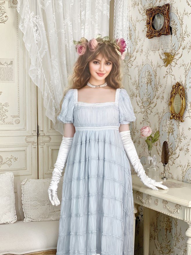 Romantic Regency Era White Blue Dress - Empire Waist Ball Gown Plus Size - WonderlandByLilian