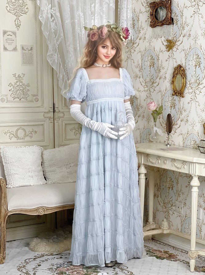 Romantic Regency Era White Blue Dress - Empire Waist Ball Gown Plus Size - WonderlandByLilian