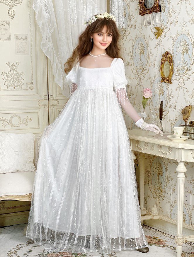 Romantic Regency Era White Lace Wedding Dress - Empire Waist Ball Gown –  WonderlandByLilian