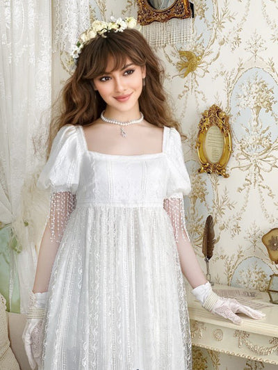 Romantic Regency Era White Lace Wedding Dress - Empire Waist Ball Gown Plus Size - WonderlandByLilian